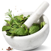 Koville marble mortar and pestle set pack shot, durable natural stone on display