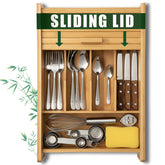 KozyKoala & Co. bamboo drawer organizer with sliding lid organizing utensils.
