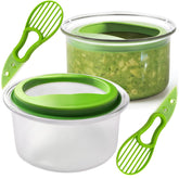 Kreapa guacamole keeper with green lid preserves freshness for guacamole.