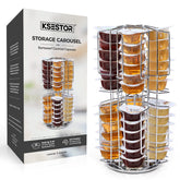 Ksestor chrome storage carousel shows 48-pod capacity for Bartesian capsules, organizing your bar.