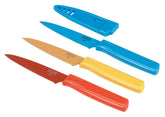 Kuhn Rikon COLORI straight paring knife 4-inch blade close-up showing precise cutting edge