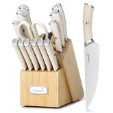 KUISINE 15-piece ivory knife set in block with built-in sharpener for ready blades.