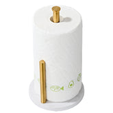 KUUBTH brushed gold paper towel holder on a marble base for stable countertop use.