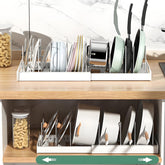 KXSGKRR expandable pots and pans organizer under cabinet keeps lids organized.