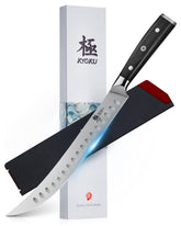 KYOKU 10-Inch Scimitar blade close-up showing a razor edge for precise slicing.