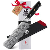 KYOKU Nakiri 7" Damascus blade close-up highlights sharp edge for precise vegetable slicing.