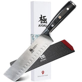KYOKU Samurai Nakiri 7-inch blade close-up showing sharp edge for precise slicing.