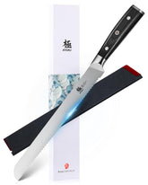 KYOKU Samurai Series 10-inch bread knife slicing crusty loaves with precision.