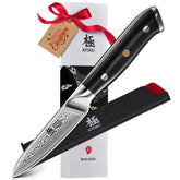 KYOKU Shogun paring knife blade close-up showing VG-10 Damascus core for precise peeling.