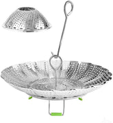 KZNXCVI stainless steel steamer basket collapsed for compact storage and quick setup.