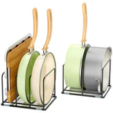 LAEMYFYRE pan and pot organizer rack with 2-slot design keeps bulky cookware accessible.
