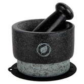 Laevo mortar and pestle large set in black granite—closeup grinding surface for durable grinding