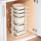 LAMU 6-tier under-cabinet pot organizer showing sturdy iron construction for heavy cookware