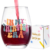 Lamyba In My Thirties Era wine glass with colorful words, perfect for a stylish birthday toast.