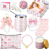 Landical pink bow tumbler with insulated design for on-the-go drinks.