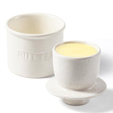 LANDNEOO butter crock speckled white close-up, stylish counter decor and keeps butter fresher.
