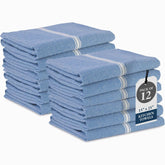 Lane Linen Indigo kitchen towels, front view, durable 12-pack for daily kitchen messes.