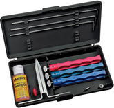 Lansky clamp securely holds blades for precise sharpening.
