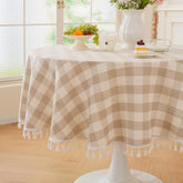 Laolitou beige checkered round tablecloth with tassel edge for elegant table settings.
