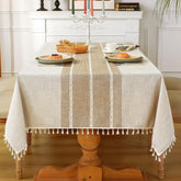 Laolitou rustic tablecloth with waterproof coating protects surfaces during meals.