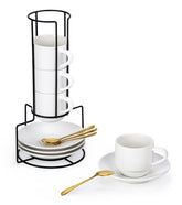 Lareina 8oz cappuccino cups with saucers and spoons, ideal for daily coffee rituals.