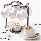 Lareina 3oz espresso cups with saucers and rack, ideal for tasting shots at home.
