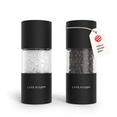 LARS NYSØM salt and pepper grinders in carbon black for precise seasoning at home.