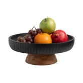 LAVAUK mango wood fruit bowl on pedestal, ideal dining centerpiece.