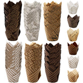 Lawei tulip liners with six patterns for elegant dessert displays.