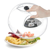 Layron microwave splatter cover with steam vents over a plate to prevent splatter