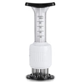 Lazmin stainless steel marinade injector close-up showing 30 needles for even flavor infusion