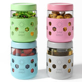 Lazyshine 16 oz glass jar with lid and silicone sleeve for secure grip.