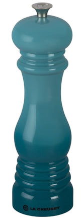 Le Creuset Caribbean pepper mill 8in with ceramic grinder for smooth pepper grinding.