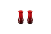 Le Creuset salt and pepper shakers Cerise, front view, durable enamel finish.