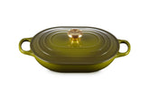 Le Creuset Signature oval casserole olive outside view showing heat-retentive design for even cooking
