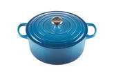 Le Creuset Signature round Dutch Oven Marseille exterior highlights vibrant enamel for even heating
