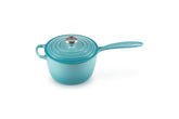 Le Creuset Signature Saucepan Caribbean for smooth sauce reduction and pouring.