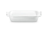 Le Creuset rectangular stoneware dish with platter lid in white, front view for oven-to-table use