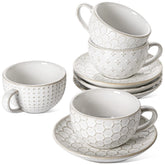 LE TAUCI embossed white cappuccino cups with saucers for elegant mornings.