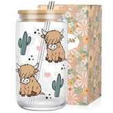 LEADO Highland Cow Cup with pink hearts design, cozy mornings.