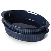 LEETOYI porcelain oval gratin dish navy close-up shows smooth glaze for easy cleaning