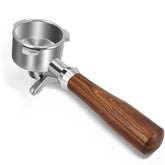 Leftover 54mm portafilter for Breville BES870 with solid wood handle enables dual-cup extraction.