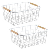 LeleCAT white wire basket with wooden handles for compact storage in cabinets.
