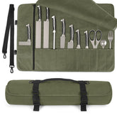 Lelezone chef knife roll bag open compartments for quick knife access.