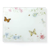 Lenox Butterfly Meadow cutting board front view shows vibrant butterflies on glass, ideal for prep