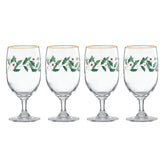Lenox Holiday iced beverage glass with holly leaves and gold rim for festive drinks.