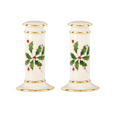 Lenox Holiday Salt and Pepper Set in ivory porcelain with holly motif, ideal for holiday dining.