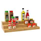 Lenwi Spice Rack three-tier bamboo organizer top view for spices and jars.