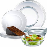 Le'raze 12-piece glass dinnerware dinner plates, clear and stackable for everyday meals.