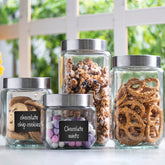 Le'raze four-square glass canisters with lids for fresh pantry storage.